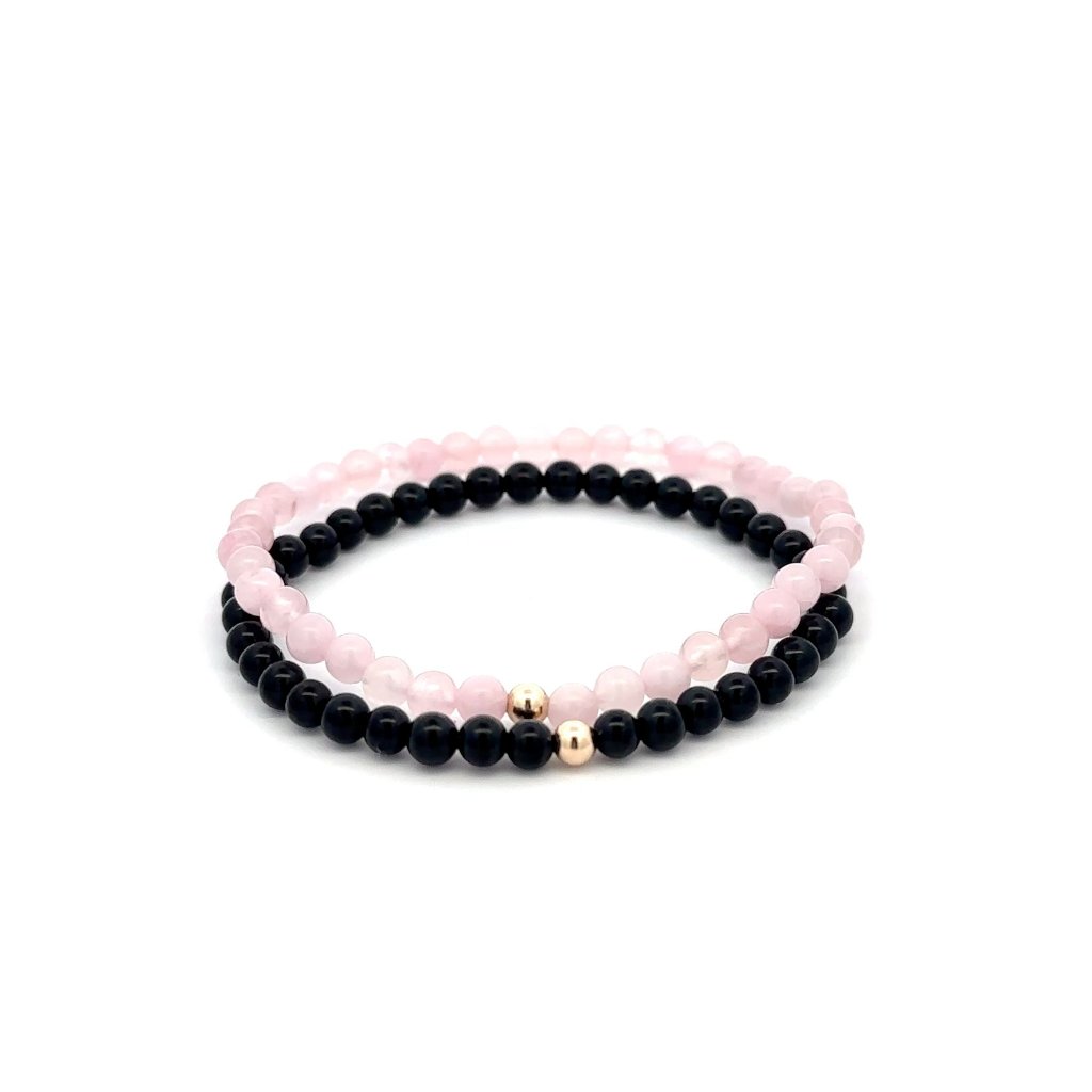 Onyx Rose Quartz Gemstone Stretch Bracelet With 14k Gold Accent Bead Handmade 110$